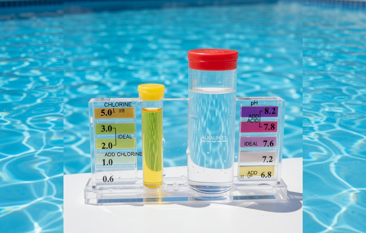 Pool water testing kit for chlorine, alkalinity and pH