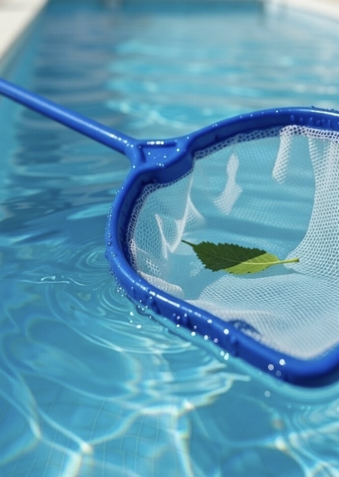 Pool cleaning with skimmer net in clear pool water
