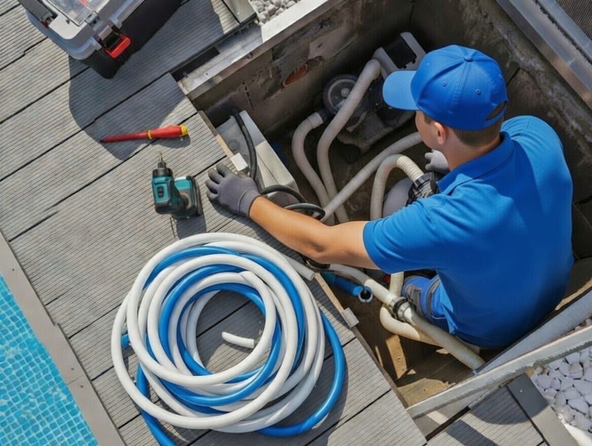 Pool technician working on pump and filtration equipment